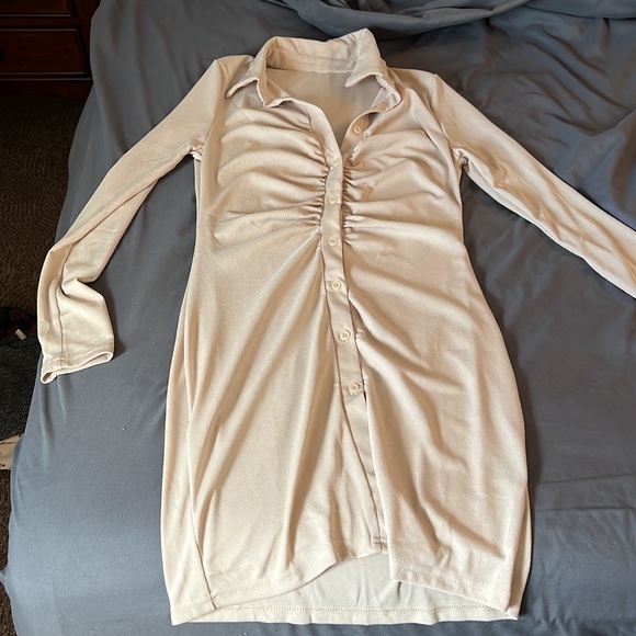 Ribbed Button Down Up Mini Dress in Beige - Picture 2 of 5